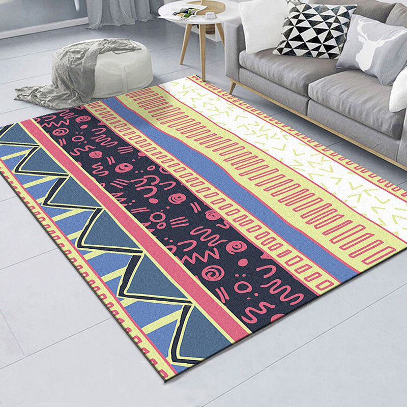 Americana Checked Pattern Rug with Striped Multicolor Polyester Rug Machine Washable Non-Slip Area Rug for Bedroom