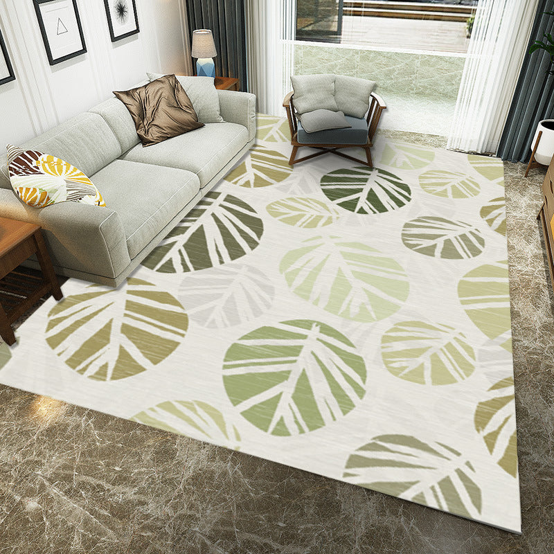 Modern Living Room Rug in Black and Green Botanical Leaves Floral Print Rug Polyester Stain-Resistant Area Rug