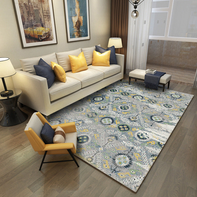Grey and Green Vintage Rug Polyester Tribal Floral Pattern Rug Pet Friendly Washable Anti-Slip Backing Carpet for Decoration