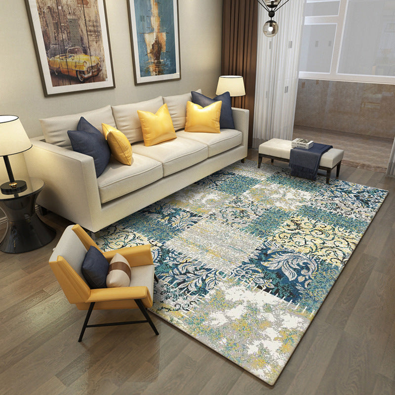 Grey and Green Vintage Rug Polyester Tribal Floral Pattern Rug Pet Friendly Washable Anti-Slip Backing Carpet for Decoration