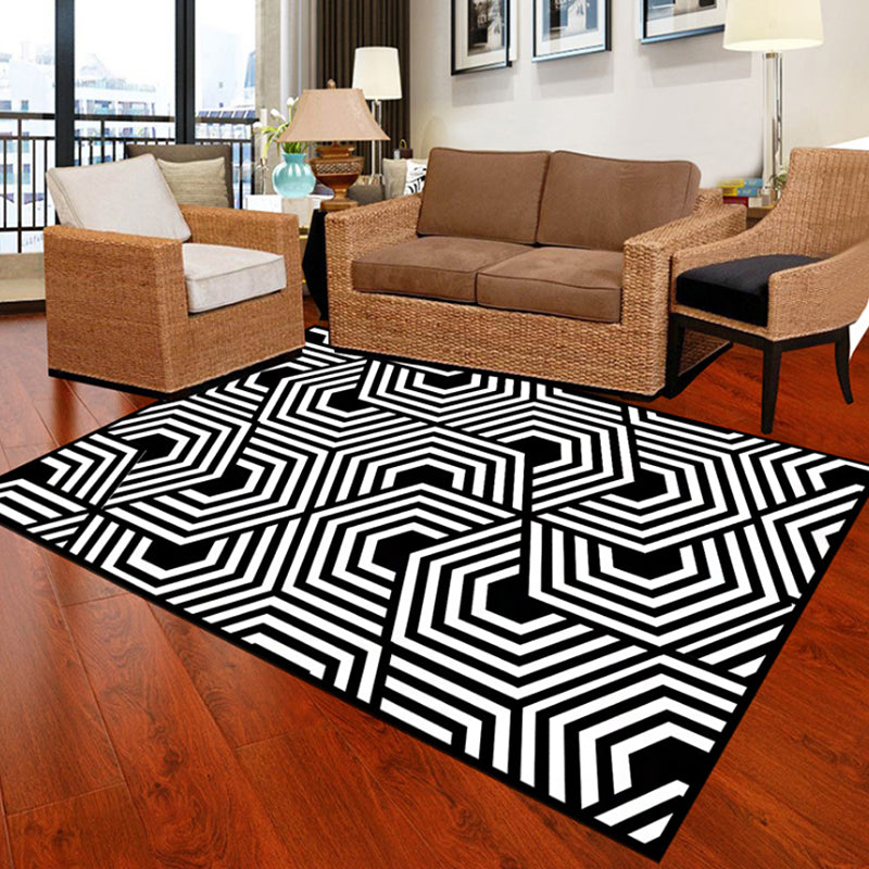 Modernist Geometric Pattern Rug Black Polyester Rug Non-Slip Pet Friendly Washable Are Rug for Bedroom