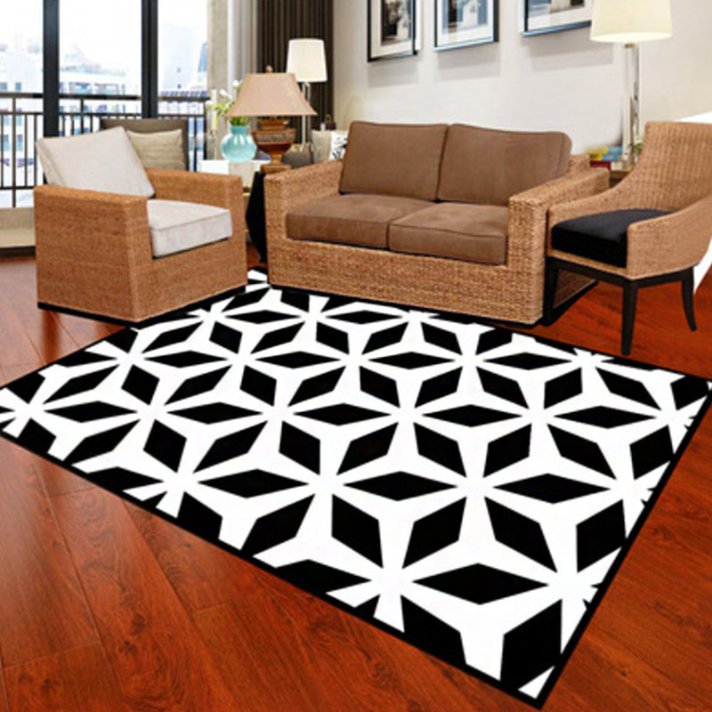 Modernist Geometric Pattern Rug Black Polyester Rug Non-Slip Pet Friendly Washable Are Rug for Bedroom