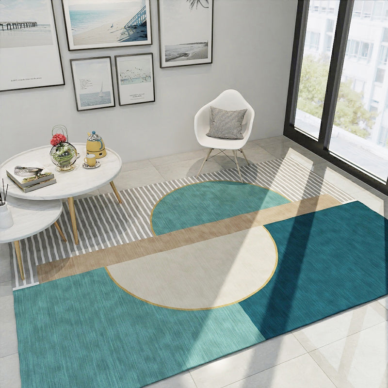 Simple Style Stripes Rug with Geometric Shapes Light Color Polypropylene Rug Machine Wash Carpet for Bedroom