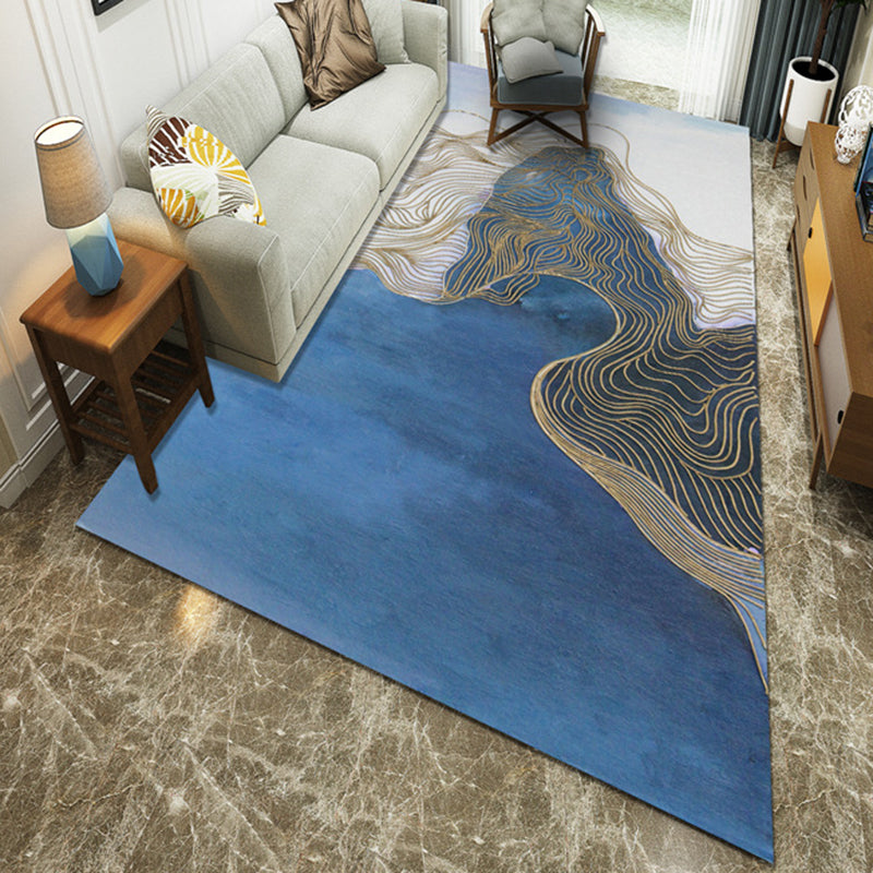 Modern Style Area Rug Blue Polyester Machine Washable Area Rug with Abstract Pattern for Living Room