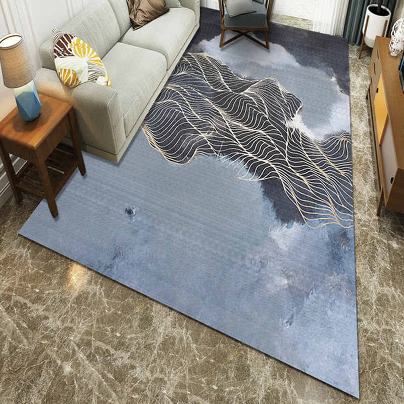 Blue Washable Polyester Area Rug with Ink Painting Pattern Modern Style Indoor Area Rug