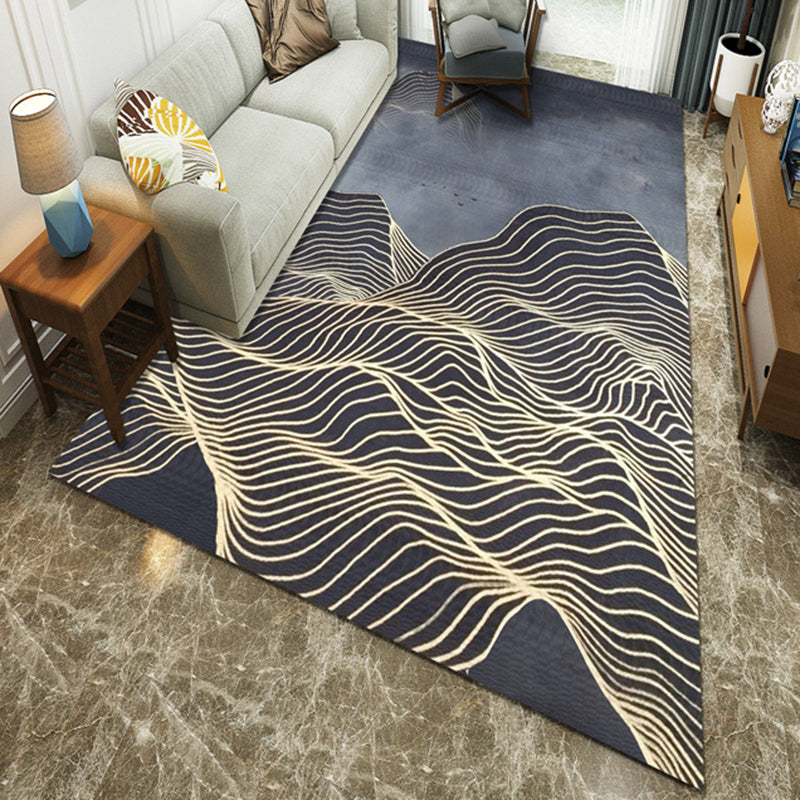 Blue Modern Style Polyester Area Rug with Curved Line Pattern Washable Living Room Area Rug