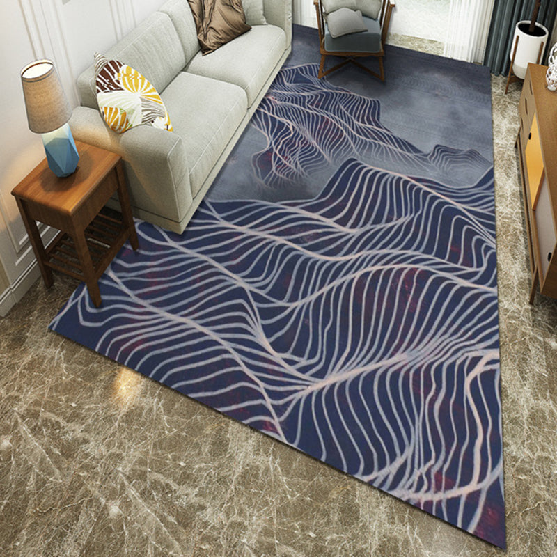 Contemporary Dark Blue Polyester Area Rug with Curved Line Design Washable Parlor Area Rug