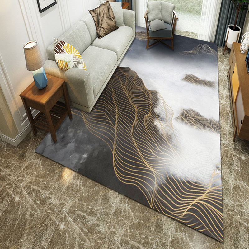 Modernism Dark Gray Washable Polyester Rug Living Room Area Rug with Ink Paint and Gold Line