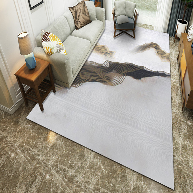 Polyester Modernist Gray Area Rug with Ink Paint and Gold Line Machine Washable Rug for Living Room