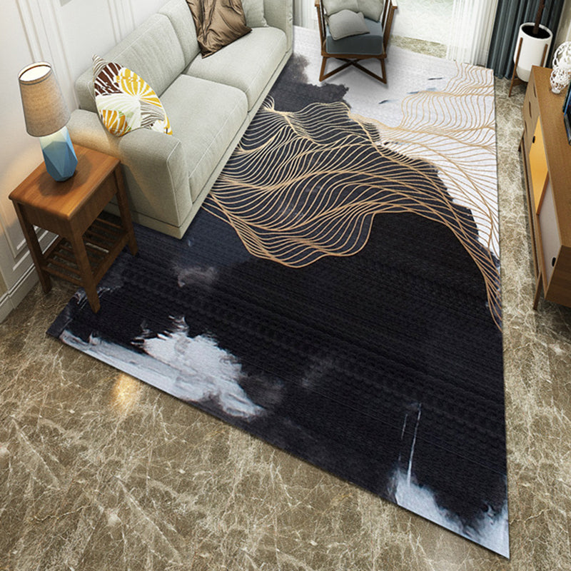 Black Contemporary Polyester Rug with Golden Curved Line Design Washable Area Rug for Living Room