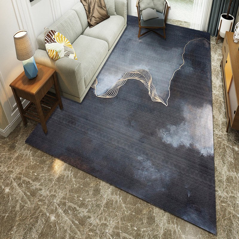Dark Blue Polyester Modernism Area Rug with Abstract Pattern Machine Washable Room Rug