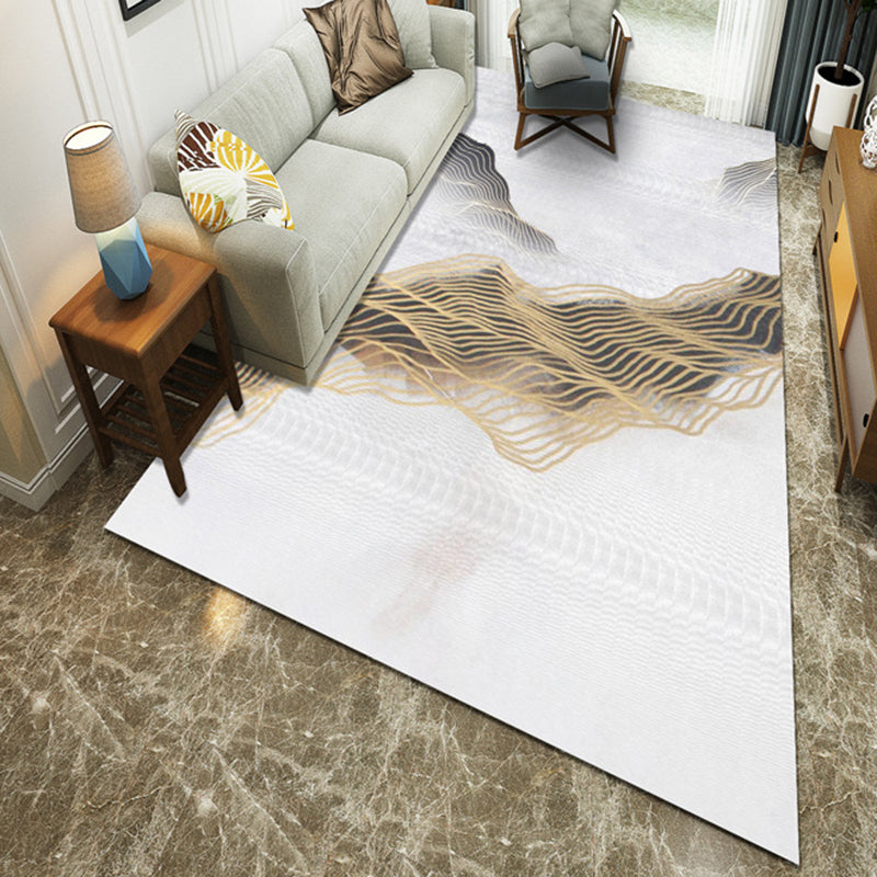 Modern Style Area Rug with Golden Curved Line Pattern Washable Polyester Rug for Living Room