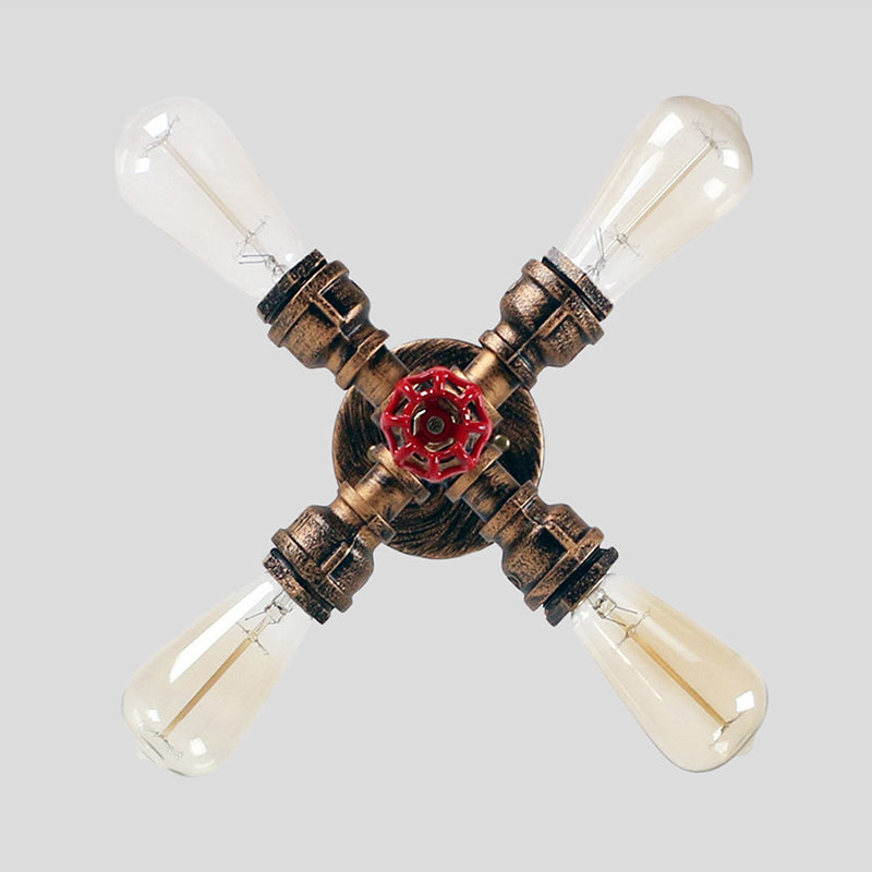 Burst Pipe Foyer Ceiling Mount Light Industrial-Style Iron 4 Lights Bronze Semi Flush Light with Decorative Valve