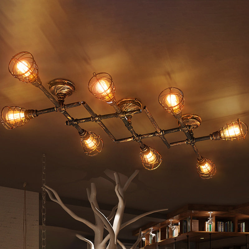 Industrial Intersecting Piping Ceiling Light 4/5/8 Heads Iron Semi Flush Mounted Light with Cage Guard in Brass