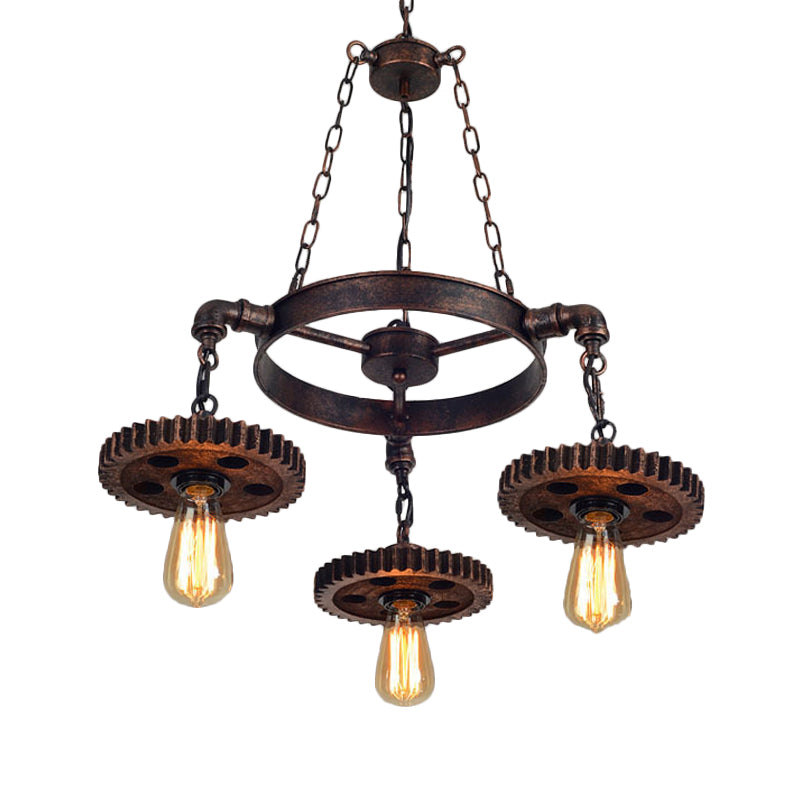 Wood Carved Gear Chandelier Lamp Loft Style 1/3/7-Bulb Bistro Down Lighting Pendant in Antique Bronze