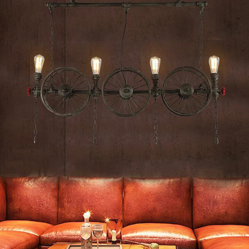 Wheel Piping Living Room Island Light Industrial Iron 2/3/4 Heads Black Hanging Light Fixture