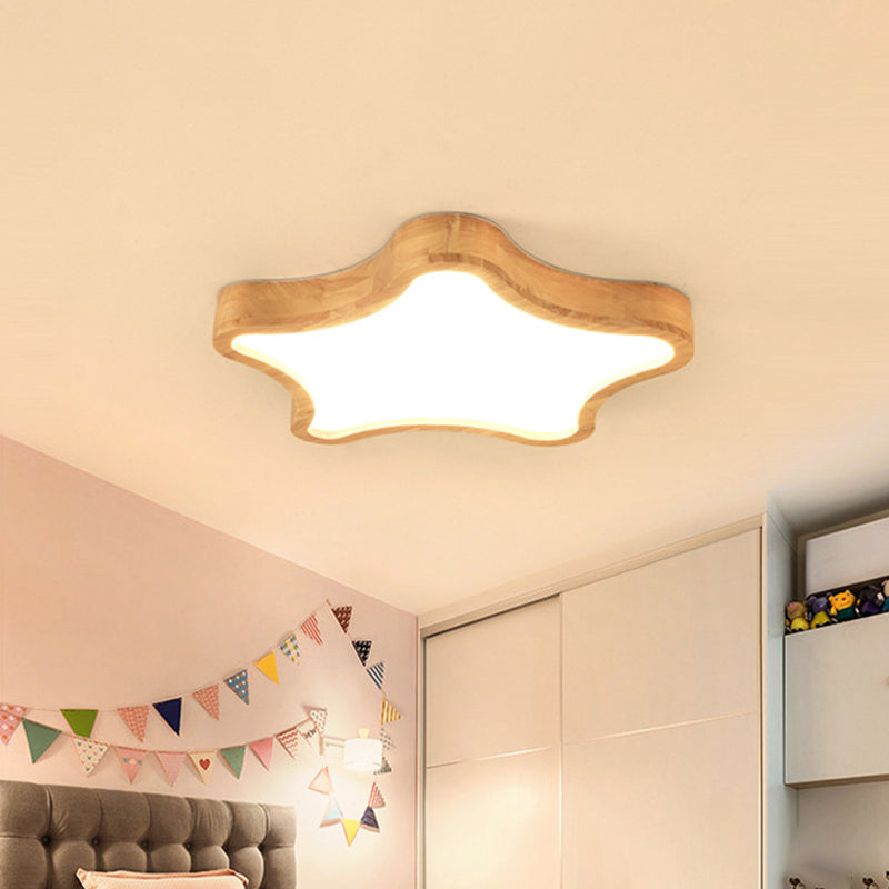 Minimalist Cloud/Star Ceiling Lighting Wooden Childrens Bedroom LED Flush Mount Lamp in Beige, 21"/25"/29.5" Width