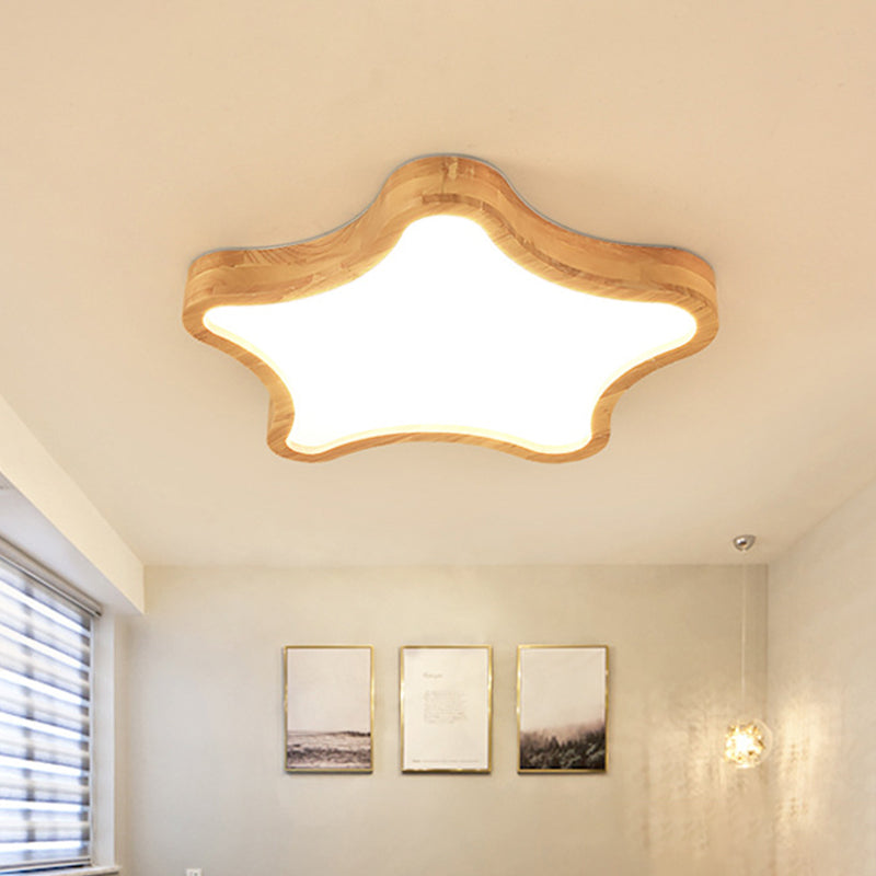 Minimalist Cloud/Star Ceiling Lighting Wooden Childrens Bedroom LED Flush Mount Lamp in Beige, 21"/25"/29.5" Width