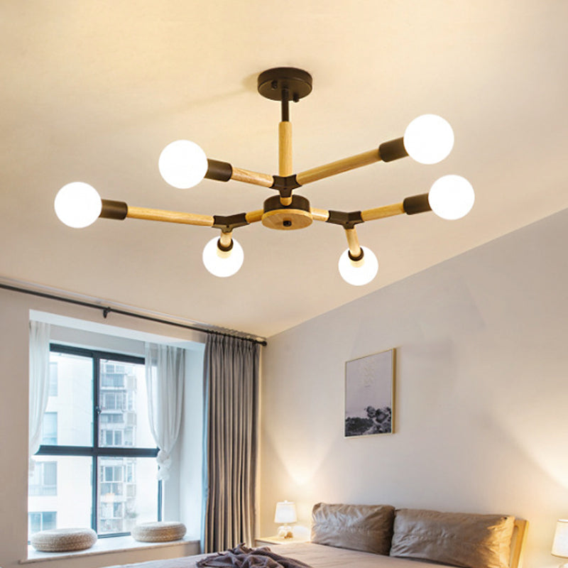 Wooden Molecular Chandelier Modern Style 3/6/9 Lights Black/White Ceiling Hang Lamp with Bare Bulb Design