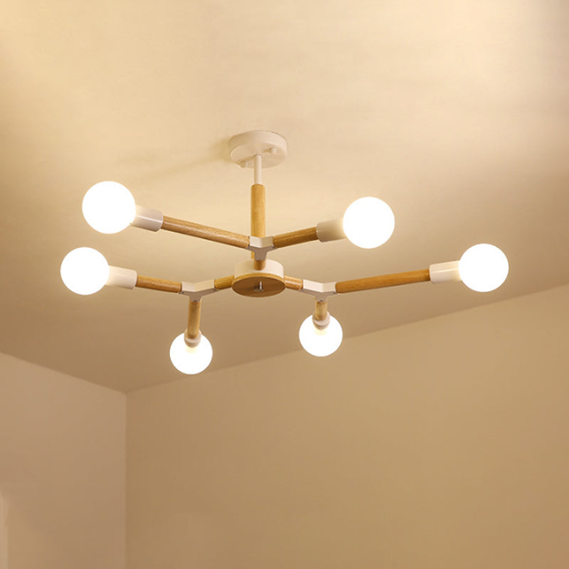 Wooden Molecular Chandelier Modern Style 3/6/9 Lights Black/White Ceiling Hang Lamp with Bare Bulb Design