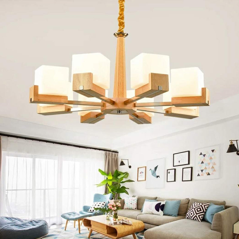 Radial Hanging Light Fixture Contemporary Wood 3/5/8 Bulbs Bedroom Chandelier with Cube Acrylic Shade