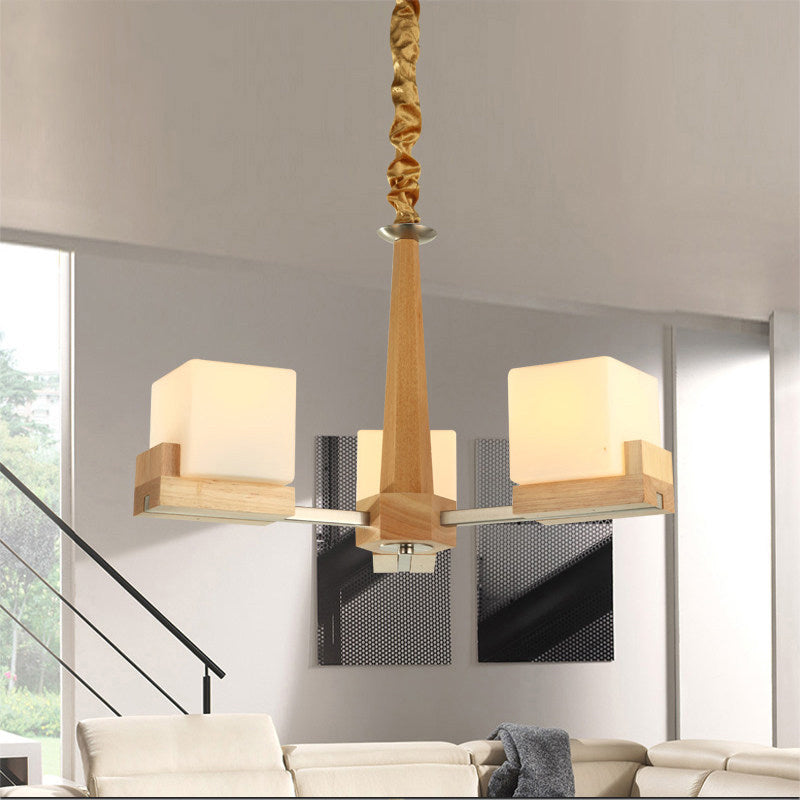 Radial Hanging Light Fixture Contemporary Wood 3/5/8 Bulbs Bedroom Chandelier with Cube Acrylic Shade