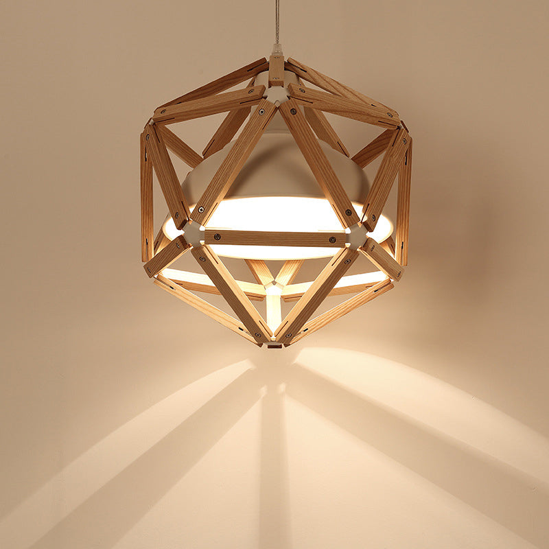 Geometrische keukenbalk Hangende licht houten 1-licht moderne plafondhanger in licht/donkerbruin met metalen schaduw van binnenste kom metalen