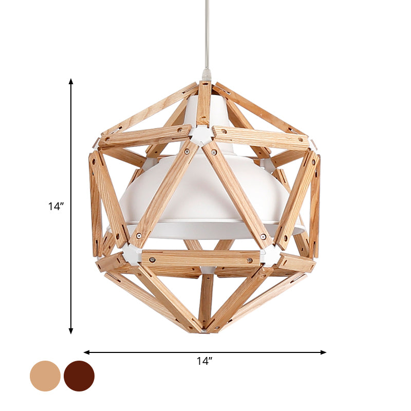 Geometrische keukenbalk Hangende licht houten 1-licht moderne plafondhanger in licht/donkerbruin met metalen schaduw van binnenste kom metalen
