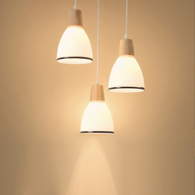 Bell/Bowl/Barrel Ceiling Hang Lamp Nordic Ivory Glass 3-Head Dining Room Round/Linear-Canopy Cluster Pendant in Wood