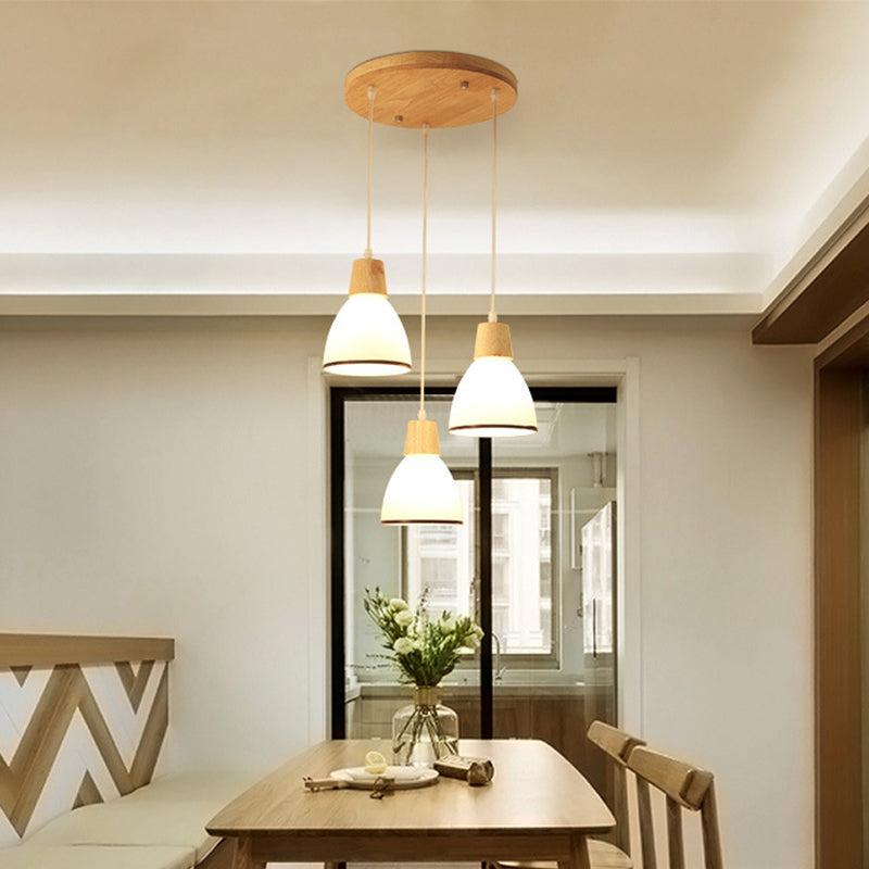 Bell/Bowl/Barrel Ceiling Hang Lamp Nordic Ivory Glass 3-Head Dining Room Round/Linear-Canopy Cluster Pendant in Wood