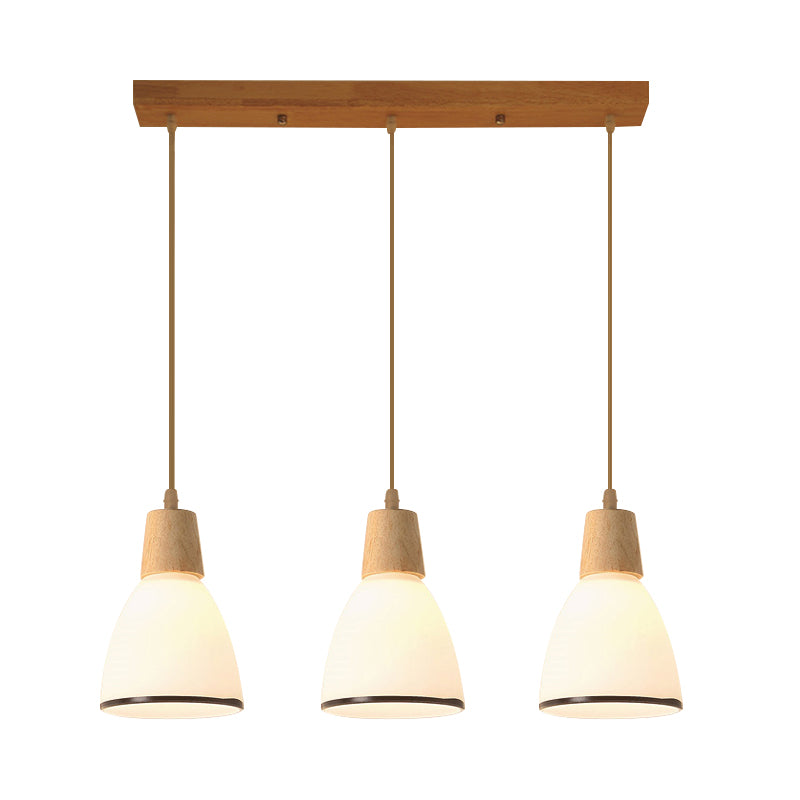Bell/Bowl/Barrel Ceiling Hang Lamp Nordic Ivory Glass 3-Head Dining Room Round/Linear-Canopy Cluster Pendant in Wood
