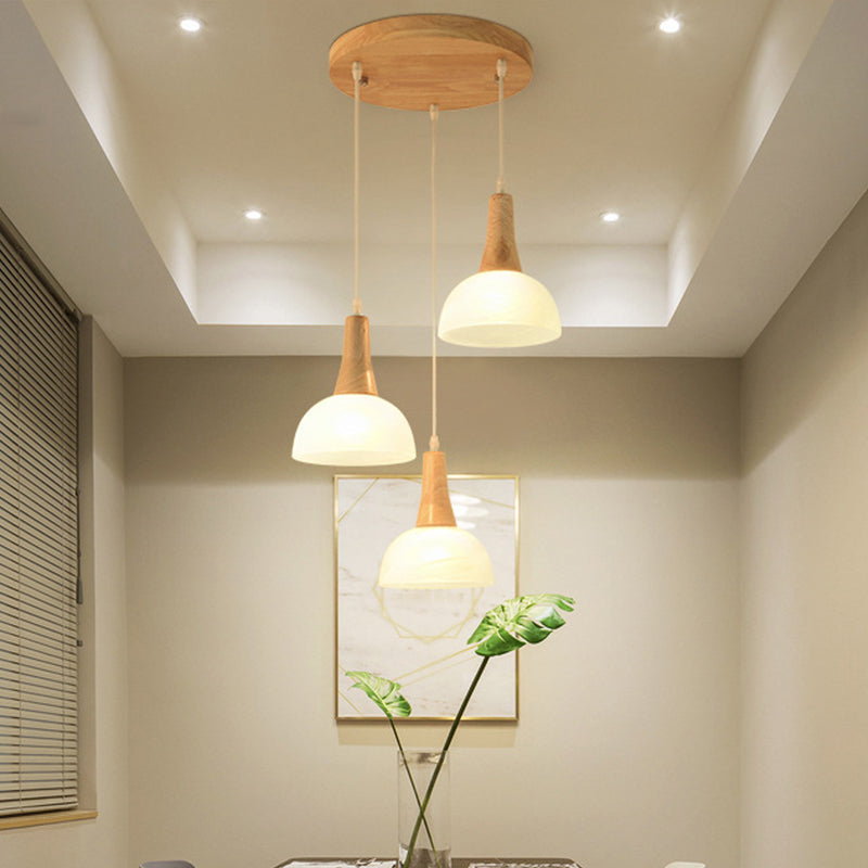 Bell/Bowl/Barrel Ceiling Hang Lamp Nordic Ivory Glass 3-Head Dining Room Round/Linear-Canopy Cluster Pendant in Wood