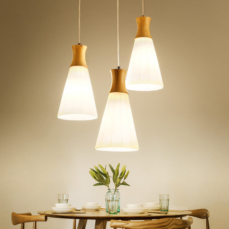 Cono sospeso a sospensione Light Nordic Milky Glass 1/3-Bulb Wood Suspension Lampada con baldacchino rotondo/lineare
