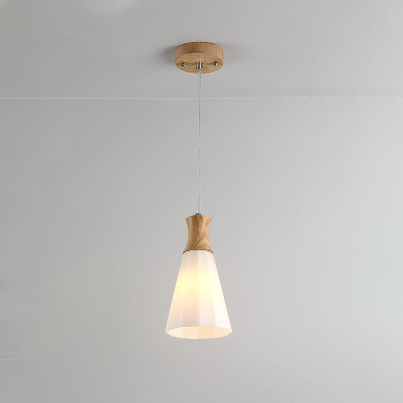 Cone Hanging Pendant Light Nordic Milky Glass 1/3-Bulb Wood Suspension Lamp with Round/Linear Canopy