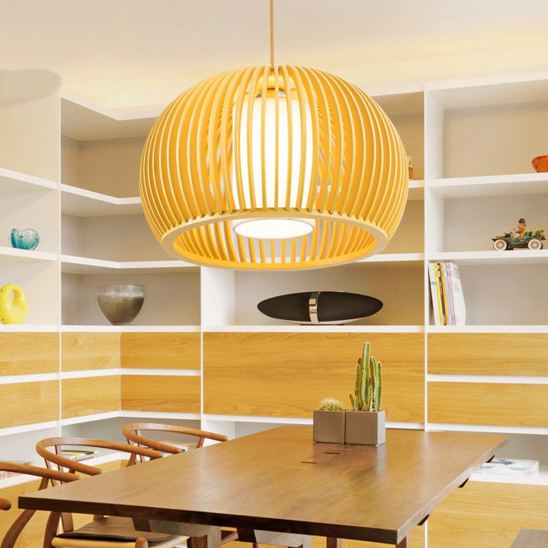 13"/18" W Modern Half-Globe Pendant Wooden 1 Light Dining Table Suspension Lighting with Inner Shade