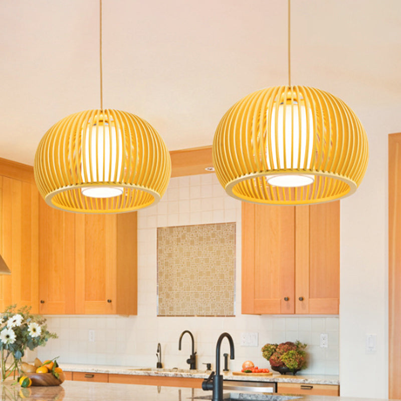 13"/18" W Modern Half-Globe Pendant Wooden 1 Light Dining Table Suspension Lighting with Inner Shade