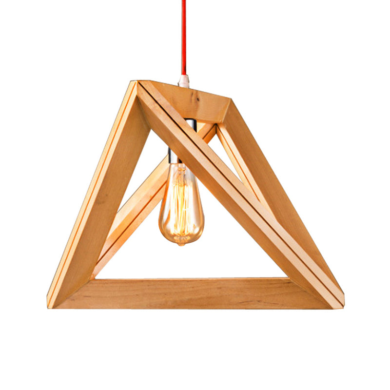 Simple Single Bulb Drop Pendant Beige Triangle Hanging Light with Wood Cage, 12.5"/14.5"/16.5" Width