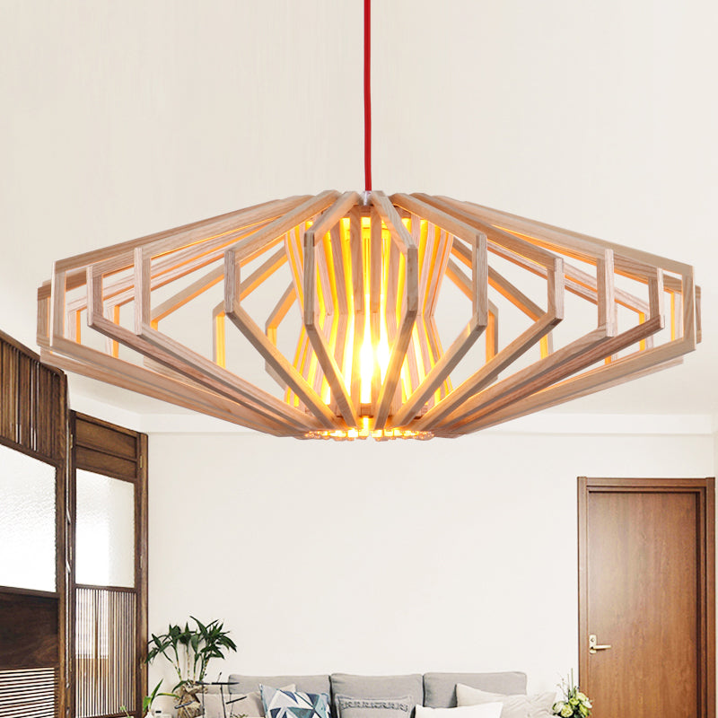 UFO Hollowed out Wood Ceiling Pendant Modern Single Beige Suspension Light for Bedroom