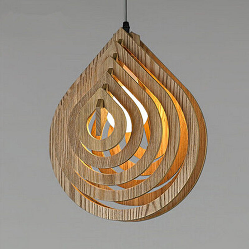 Hollowed-out Droplet Pendant Lighting Modern Wood 1-Light Bedside Down Lighting in Beige