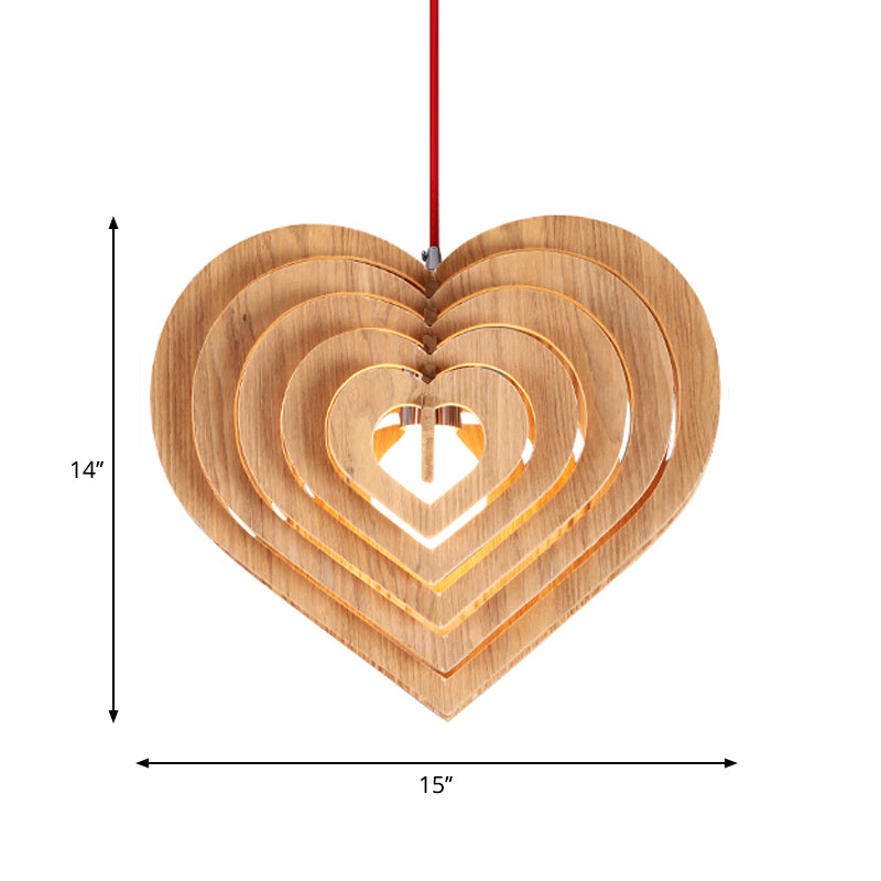 Hout liefdevol hart slinger lichte eigentijdse 1 bol beige hangende hanger over tafel