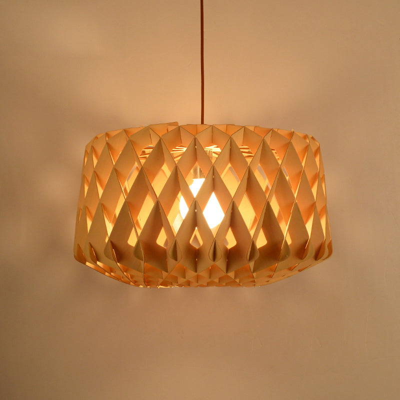 Cross-Weaving Wood Drum Pendant Lamp Contemporary 1 Head Beige Suspended Lighting Fixture
