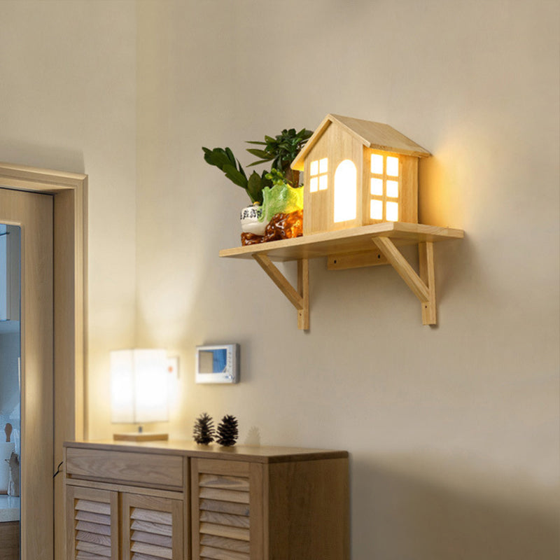Beige Lodge Wall Lamp Fixture Nordic Wooden LED Wall Sconce with Storage Shelf, Warm/White Light