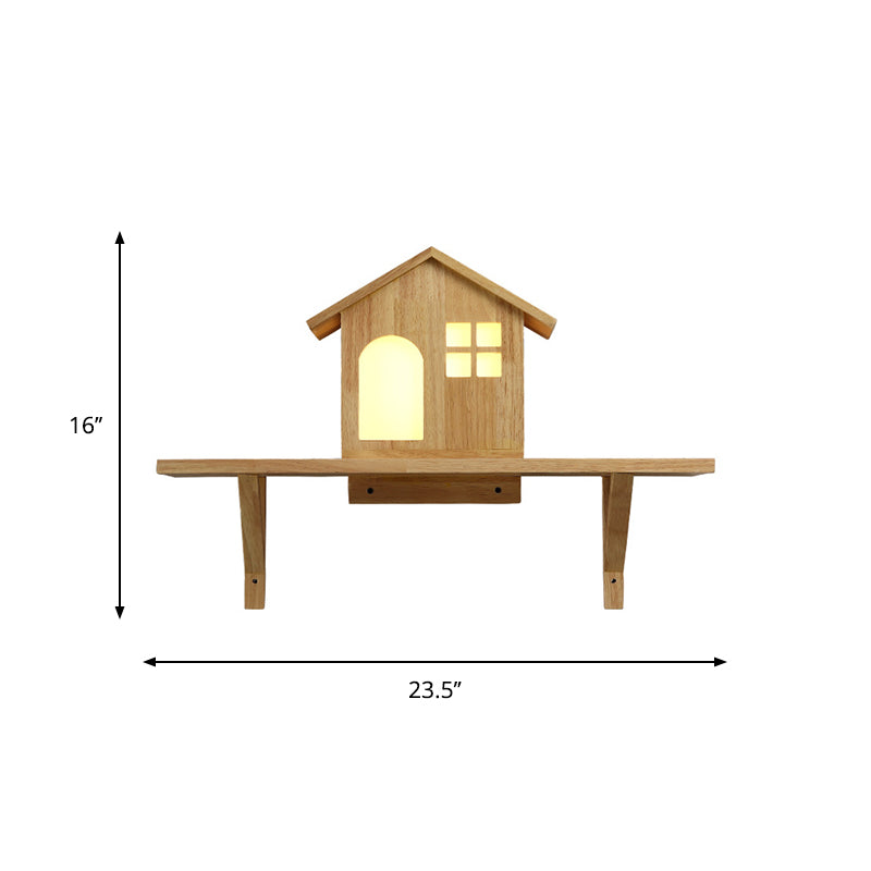 Beige Lodge Wall Lamp Fixture Nordic Wooden LED Wall Sconce with Storage Shelf, Warm/White Light