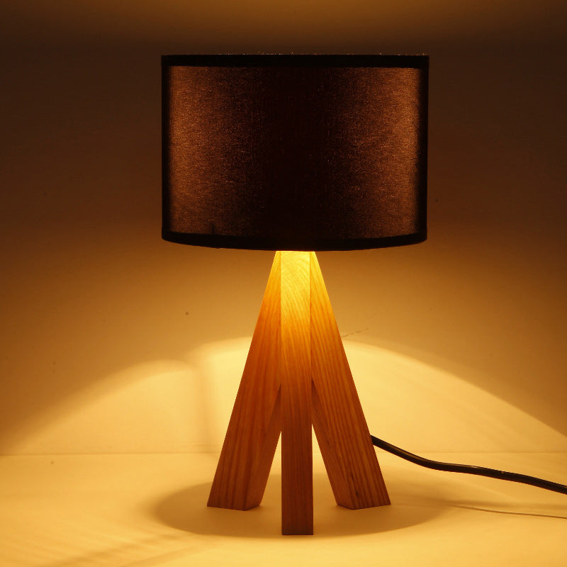 Black/White Cylinder Table Lighting Modern 1 Light Fabric Night Lamp with Wood Tripod Stand