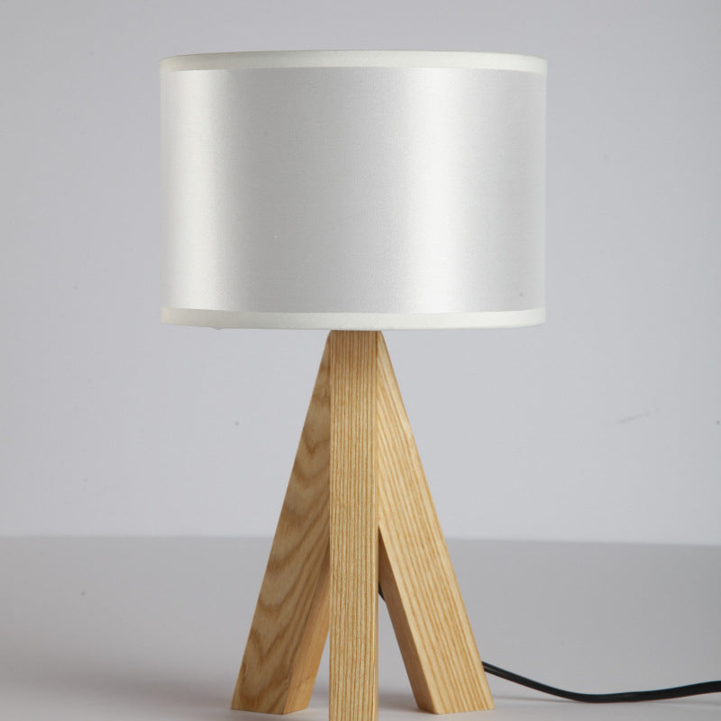 Black/White Cylinder Table Lighting Modern 1 Light Fabric Night Lamp with Wood Tripod Stand