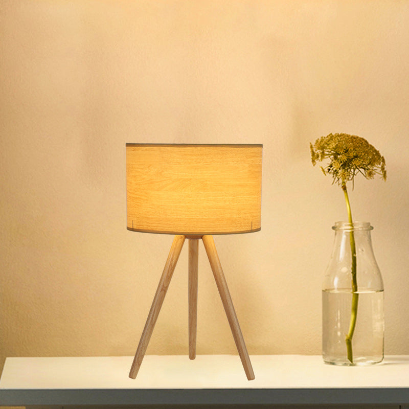 1 Bulb Bedside Table Lamp Minimalist Wood Tripod Night Light with Column Fabric Shade