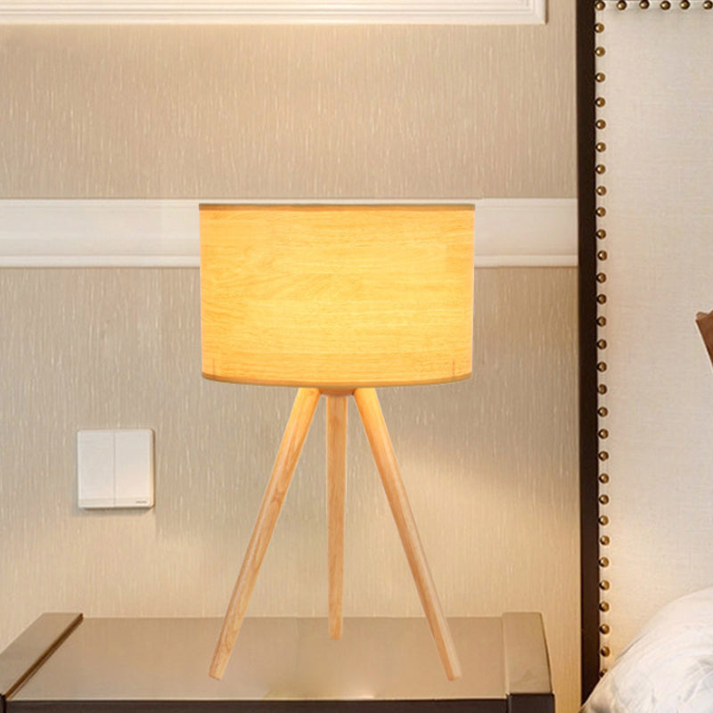 1 Lampen Nachttisch Lampe Minimalist Holzstativ Nachtlicht mit Säulenstoffschatten