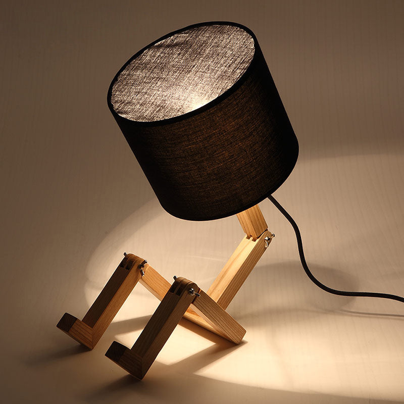 Man-Shaped Table Lamp Novelty Modern Wood Single Beige/Black/White Night Light with Book Rack Design and Cylinder Fabric Shade