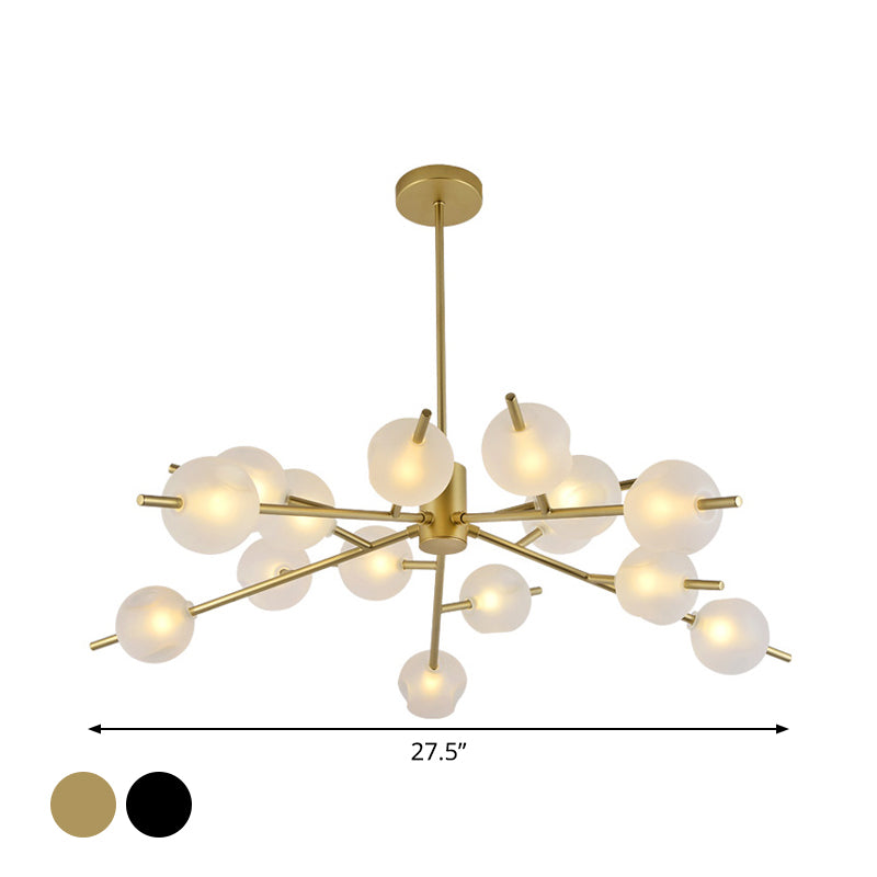 Modern Branched Ceiling Pendant Lamp Metal 15 Bulbs Parlor Chandelier Light in Black/Gold with Orb Frosted Glass Shade Insert