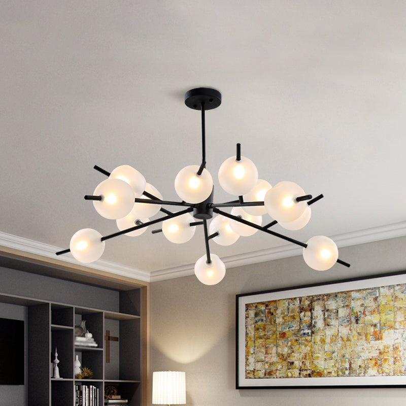 Modern Branched Ceiling Pendant Lamp Metal 15 Bulbs Parlor Chandelier Light in Black/Gold with Orb Frosted Glass Shade Insert